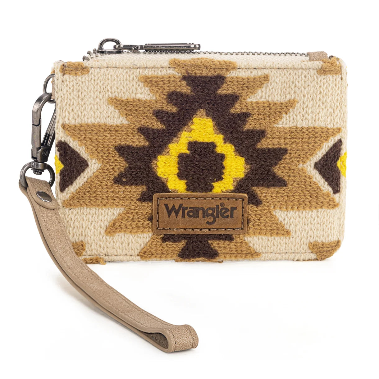 Trestles Clothing Company Aztec print canvas and PU leather card wallet with a wrist strap and Wrangler logo patch.